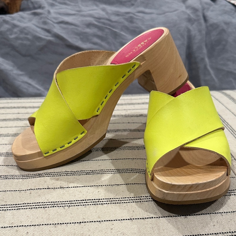 Swedish Hasbeens Neon Yellow Clog Mules - Cross Strap Wood Heel EU 37